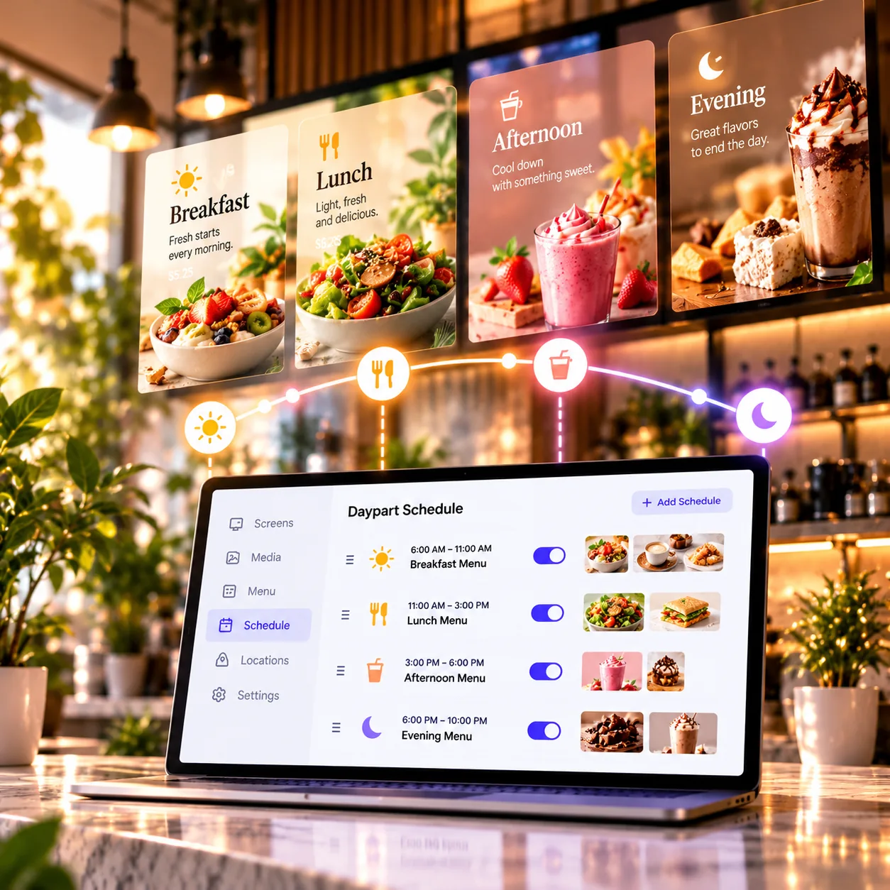 Illustration of breakfast, lunch, afternoon and evening menu scheduling