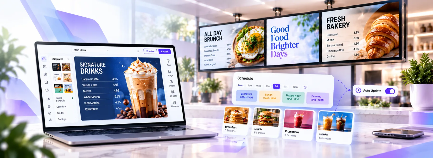Concept artwork showing drinks, brunch and bakery digital menu boards