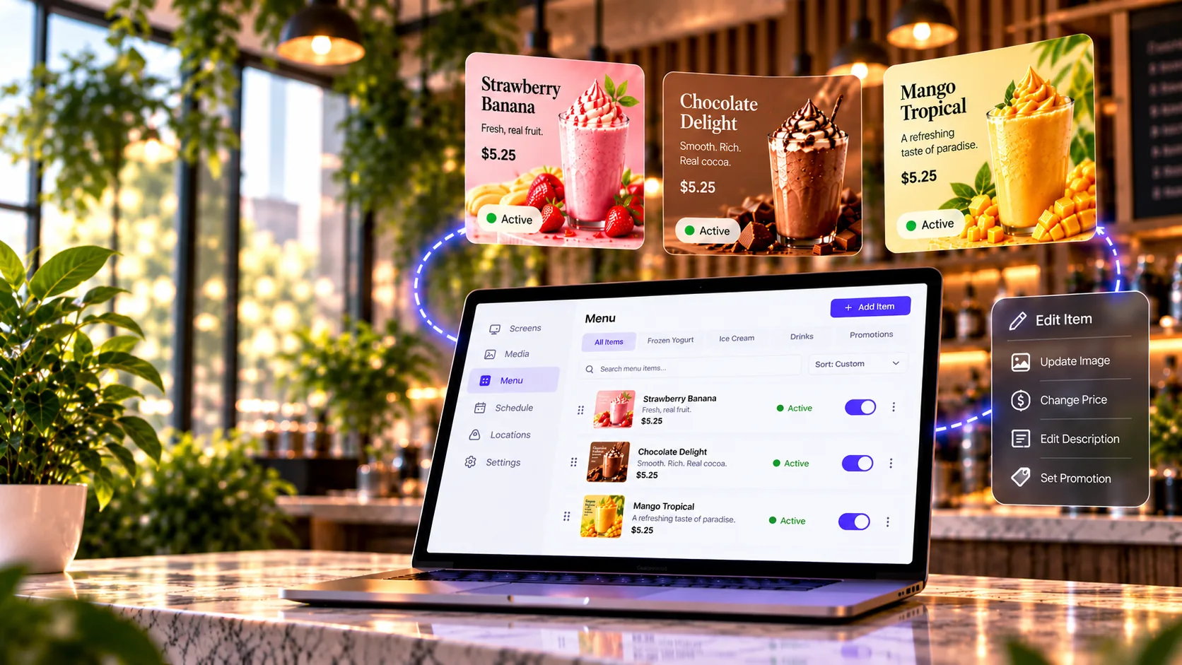 ADigital menu management interface concept showing menu items, editing and display controls