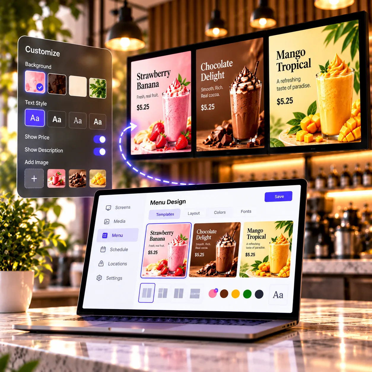 Menu board being designed from a template