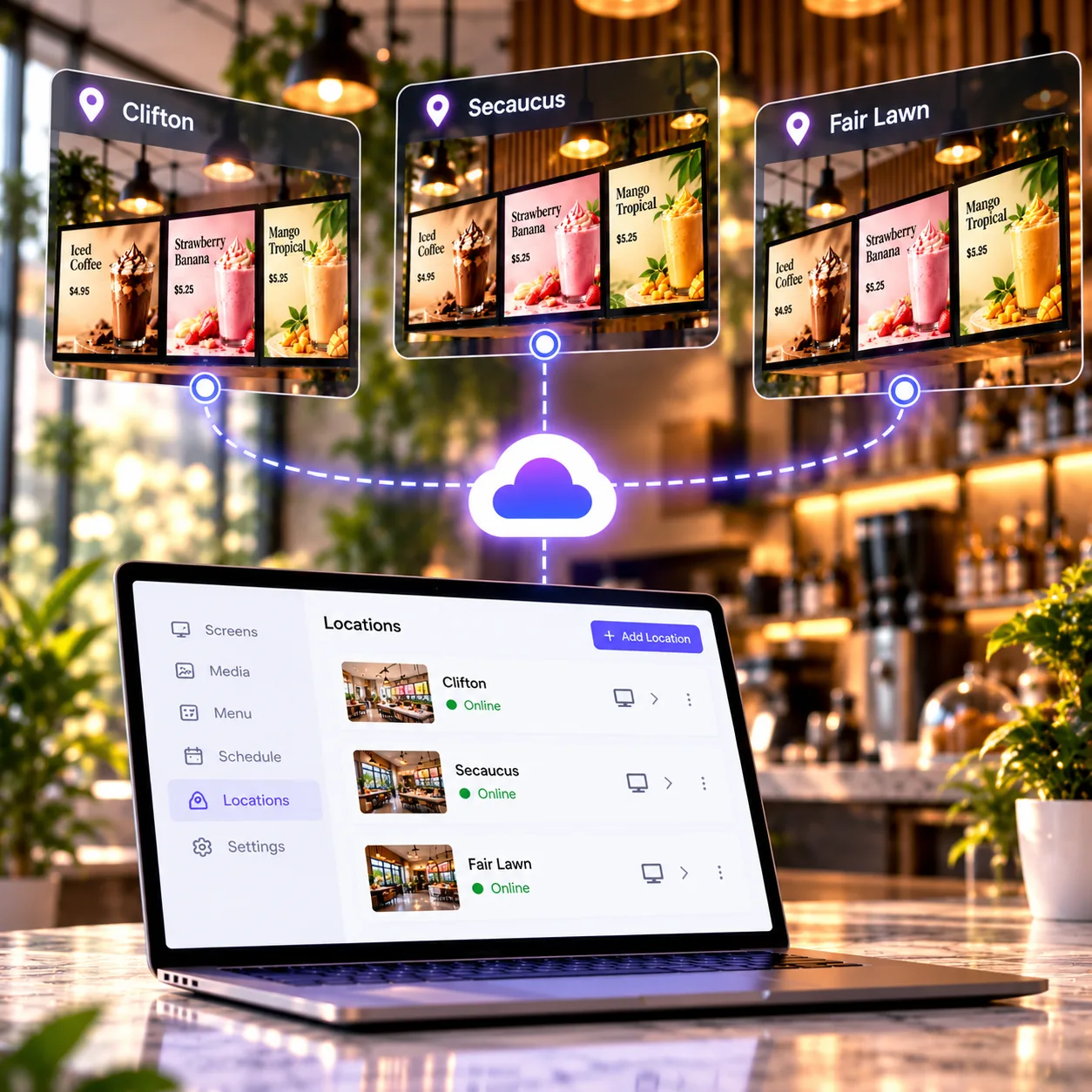 Screens across several locations managed from one place