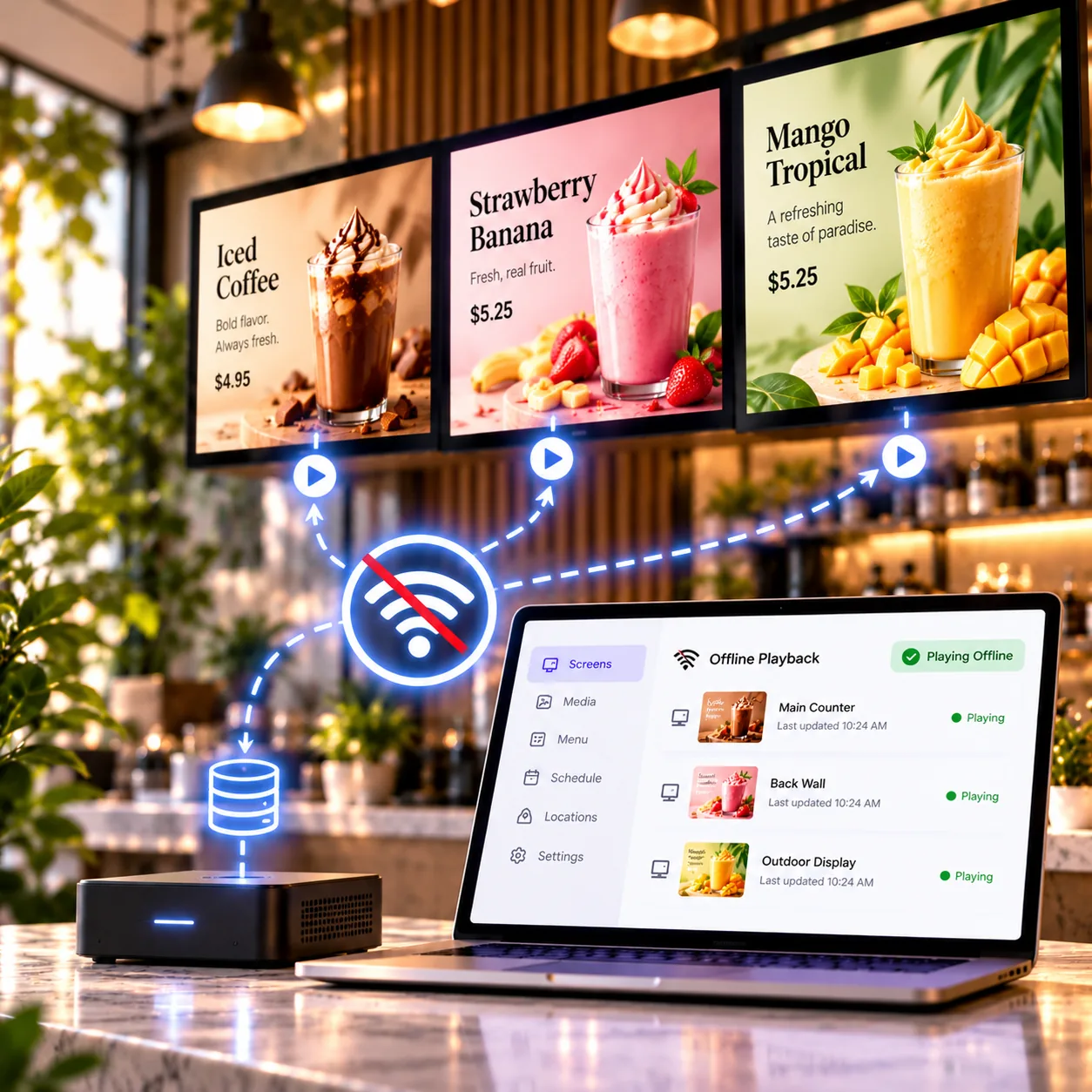 Illustration of digital menu screens continuing to play offline