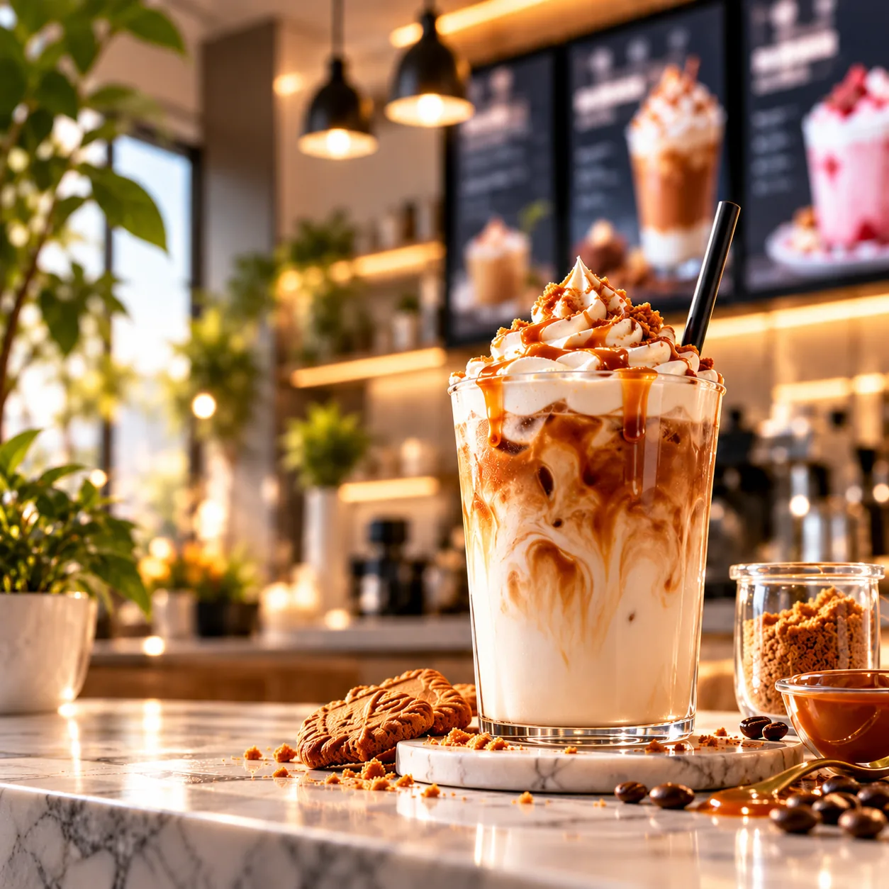 Iced caramel latte served in a café