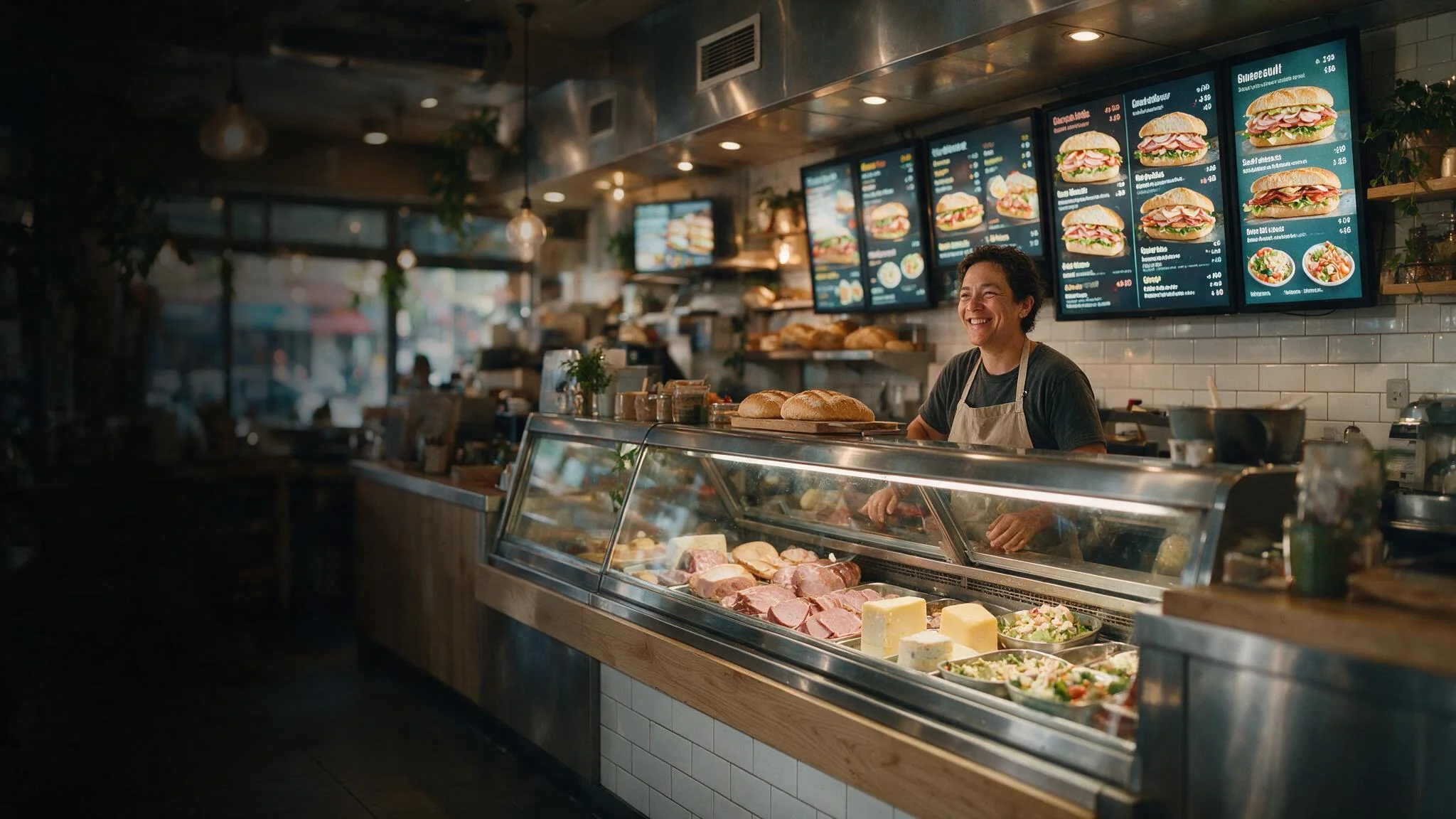 Digital menu boards above a café counter