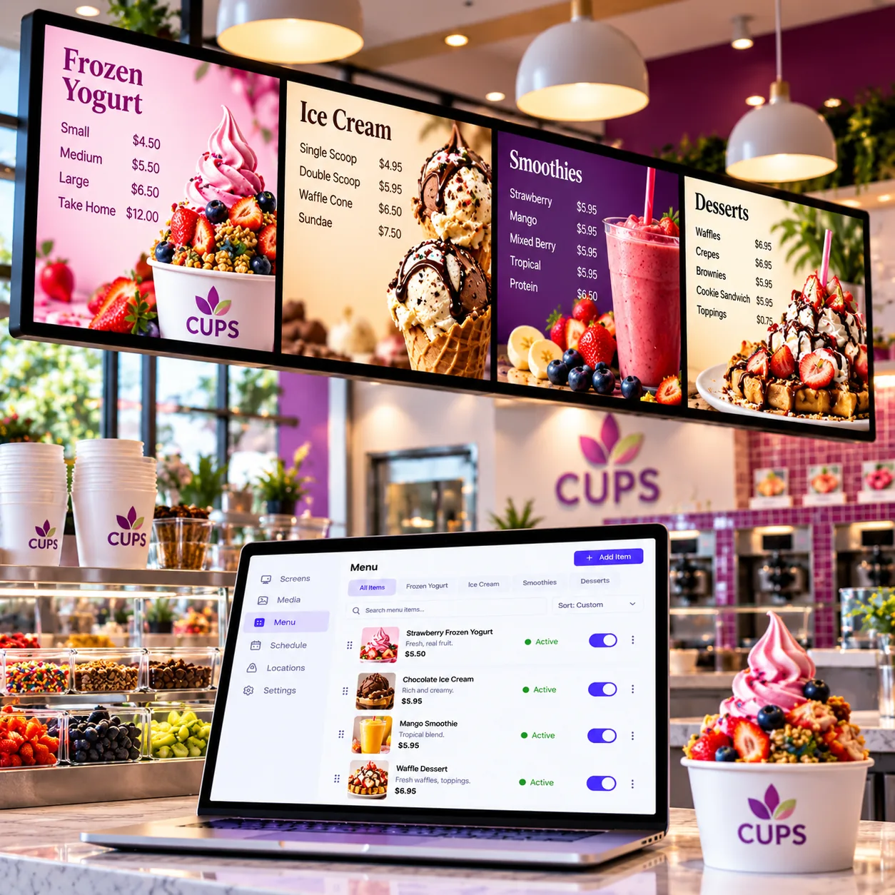 Digital menu screens for frozen yogurt and desserts
