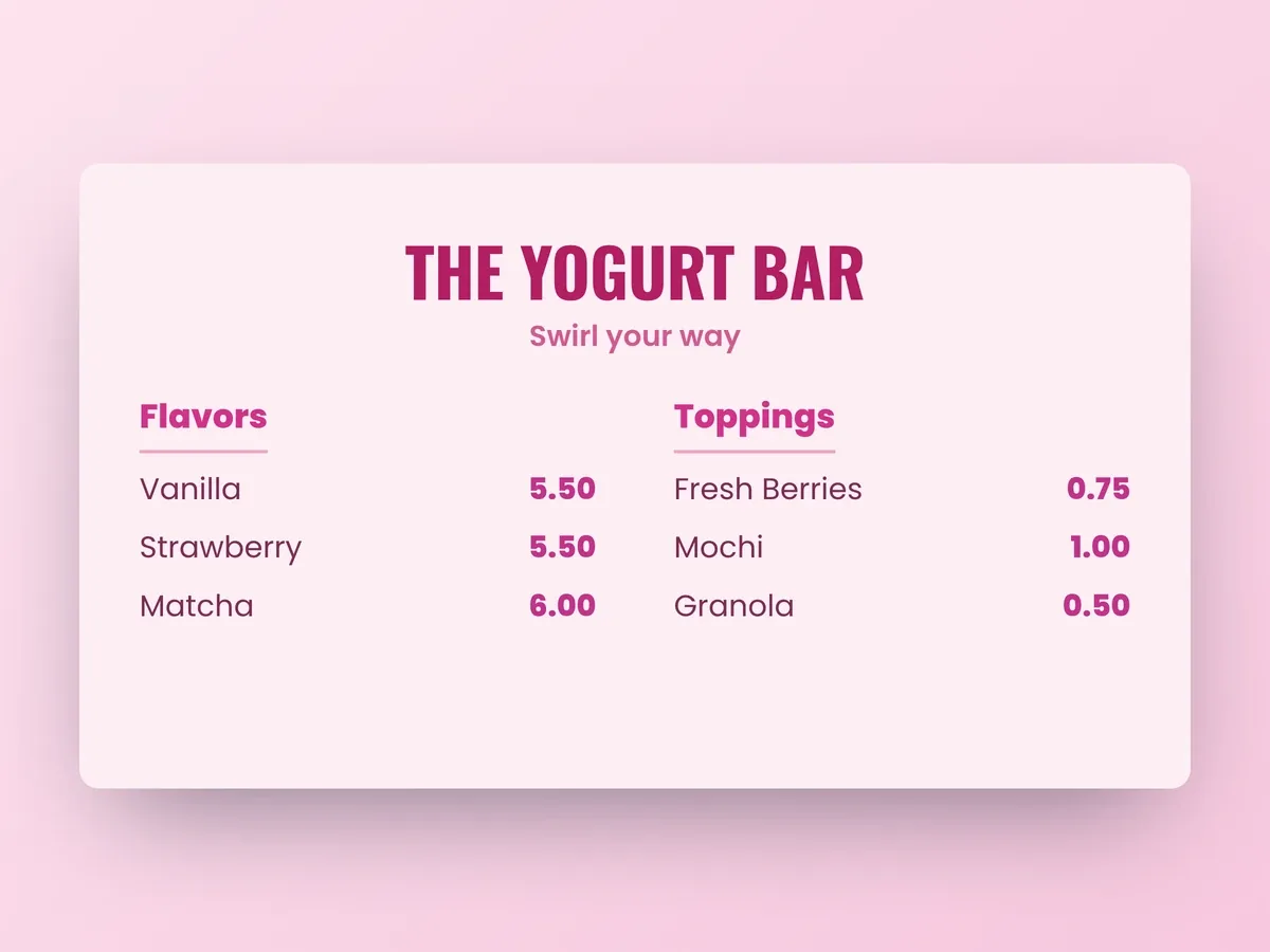 Frozen yogurt flavour board