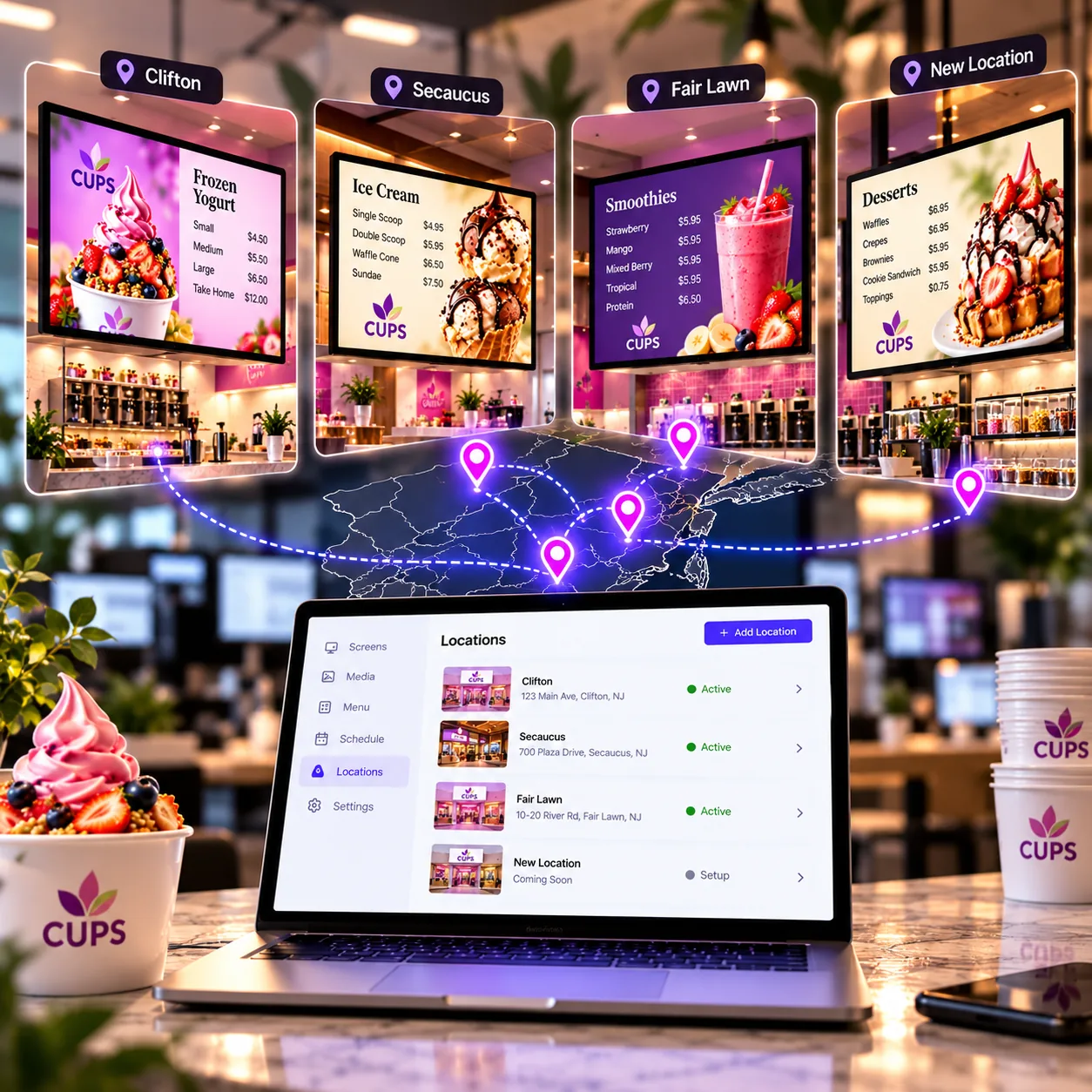 Digital menu screens for multi-location brands