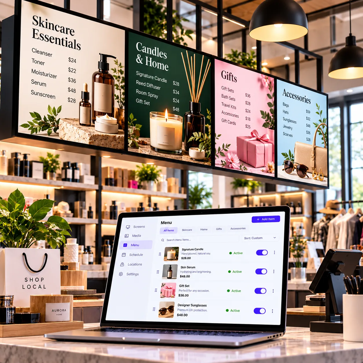 Digital menu screens for retail and service