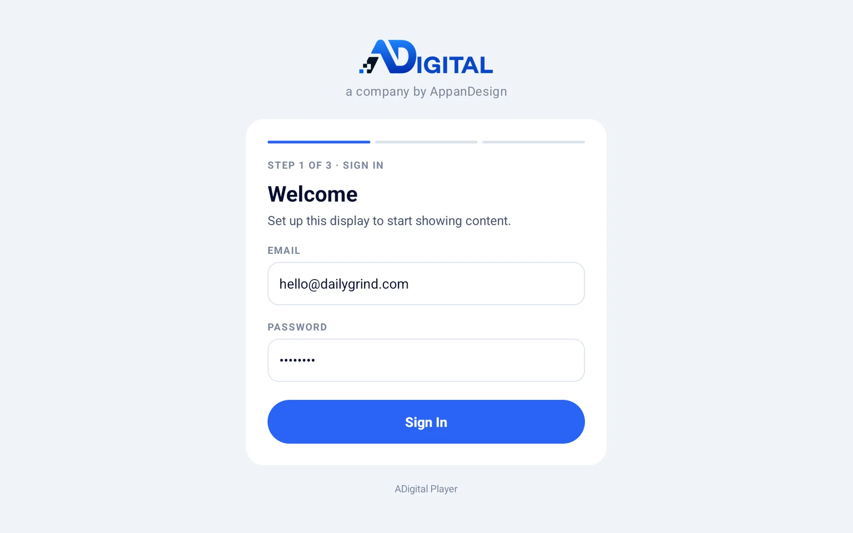 Signing in to the ADigital player on a screen