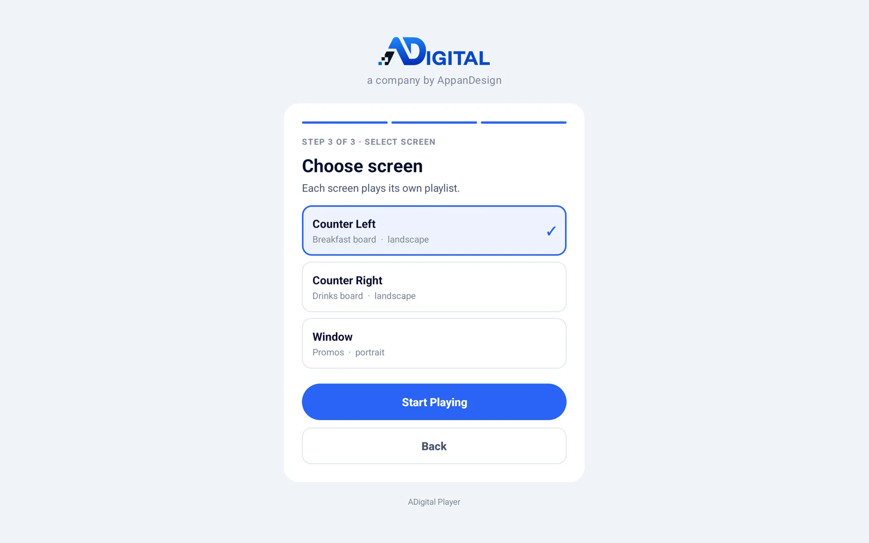 Picking a screen in the ADigital player
